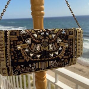 CLUTCH Black and Gold Embellished Clutch with or without chain.